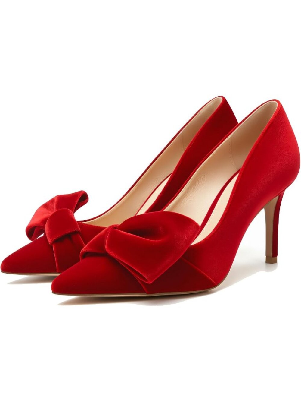 Women's Velvet Red Bow Heel Closed Pointed Toe Pumps Slip on Wedding Dress Shoes